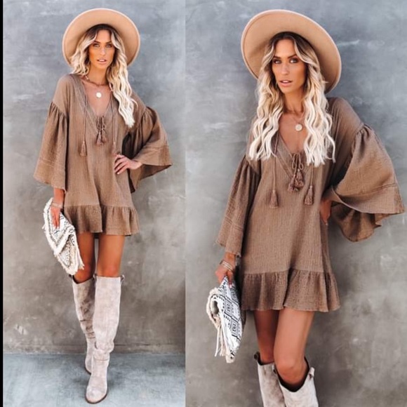 Storia Dresses & Skirts - Kiwi Cotton Soft Crinkled Tassel Dress - Mocha